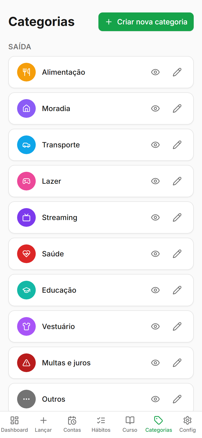 Tela Categorias do Finanças Fácil