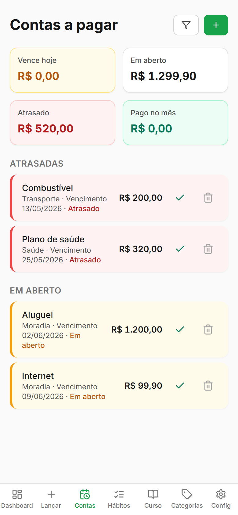 Tela Contas a pagar do Finanças Fácil