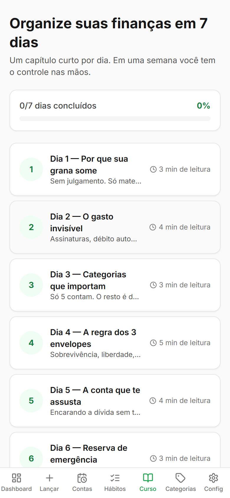 Tela Mini curso do Finanças Fácil