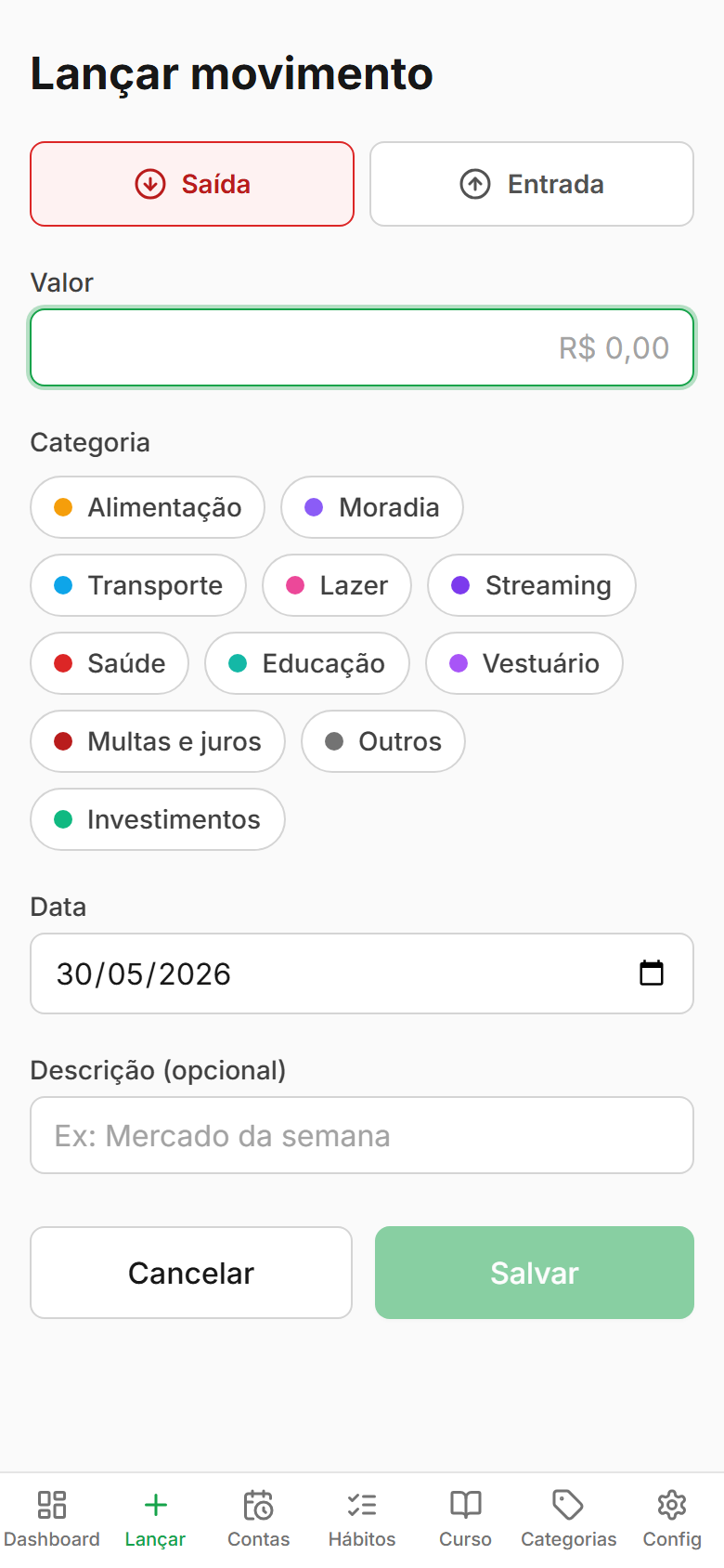Tela Lançar do Finanças Fácil
